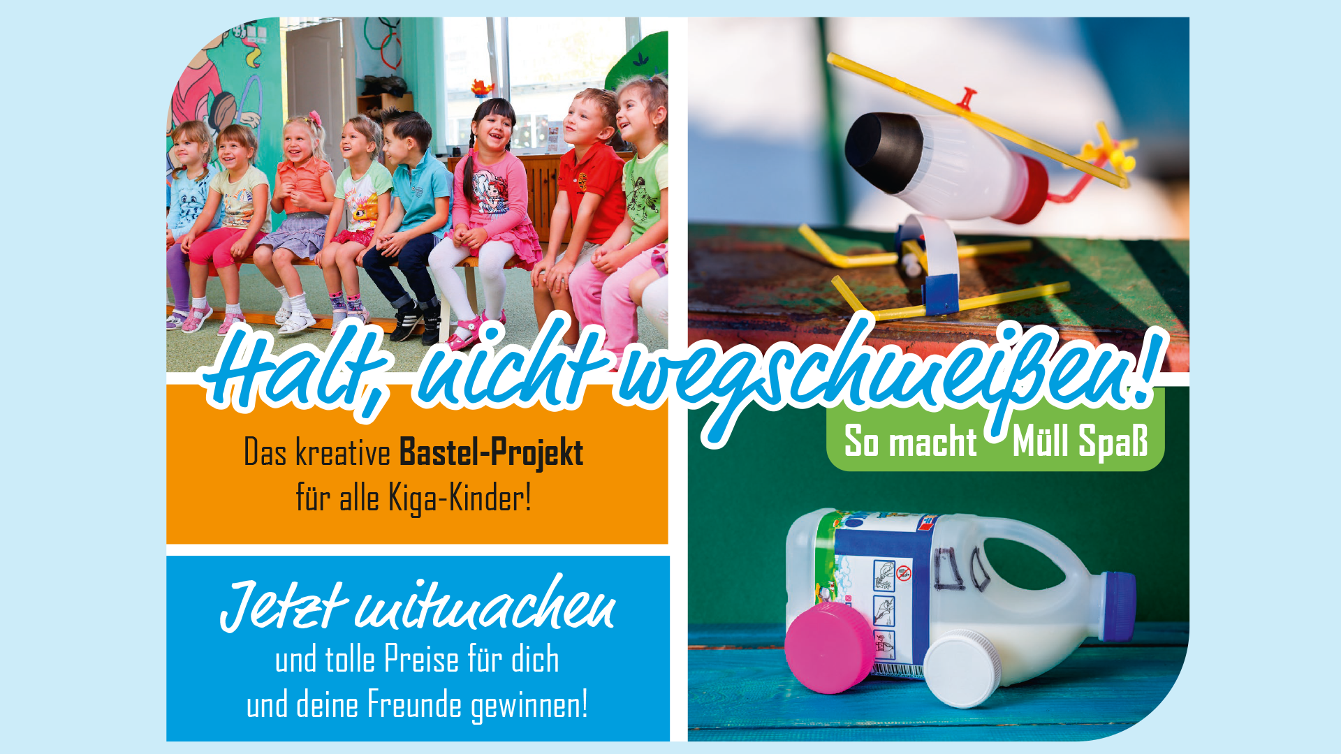 Kindergartenkinder und Bilder von gebastelten Dingen aus Abfällen, wie ein Flugzeug und ein Bus.