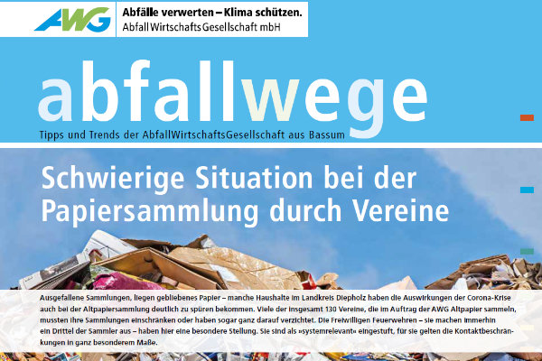 Die Titelseite der Kundenzeitschrift Abfallwege ist zu sehen. Darauf ein Bild von Altpapier und die Überschrift "Schwierige Situation bei der Papiersammlung durch Vereine".