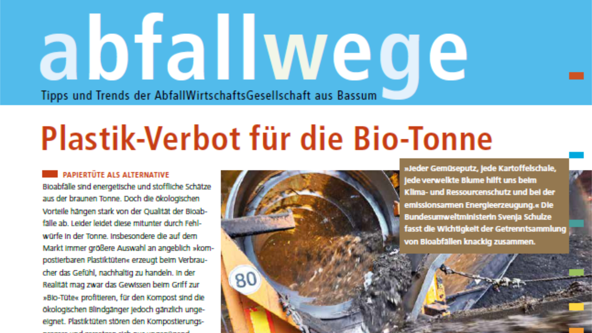 Die Titelseite der Kundenzeitschrift Abfallwege ist zu sehen. Darauf die Titelstory "Plastik-Verbot für die Bio-Tonne".