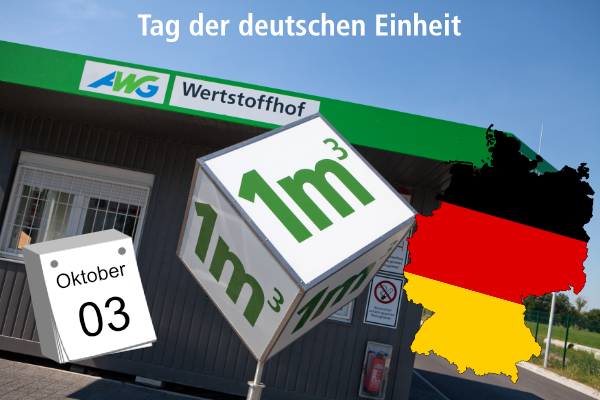 Wertstoffhof mit Deutschlandkarte und Hinweis auf den dritten Oktober.